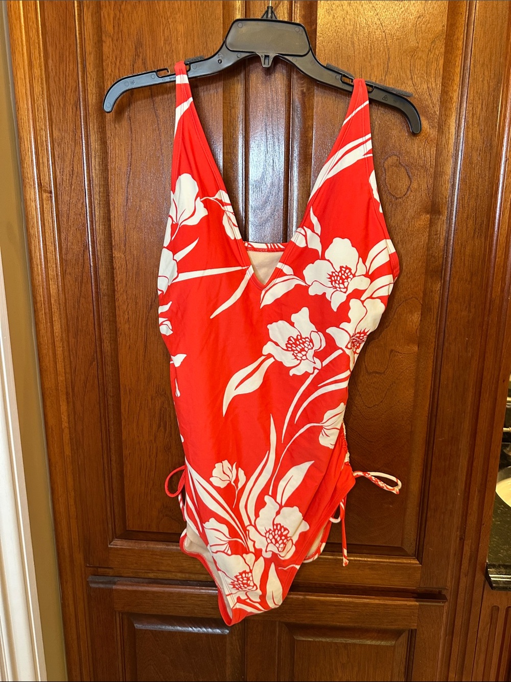 Kona Sol Red and White Floral One-Piece Swimsuit